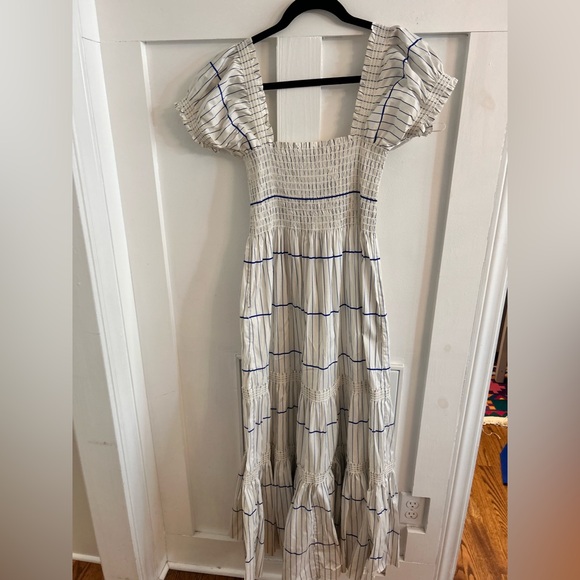 Tory Burch White and Blue Striped smocked Midi Dress - Small - Picture 3 of 6